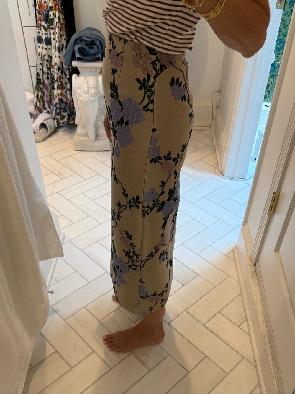 Rebecca Taylor Beige Midi Skirt with Lavender Floral Print